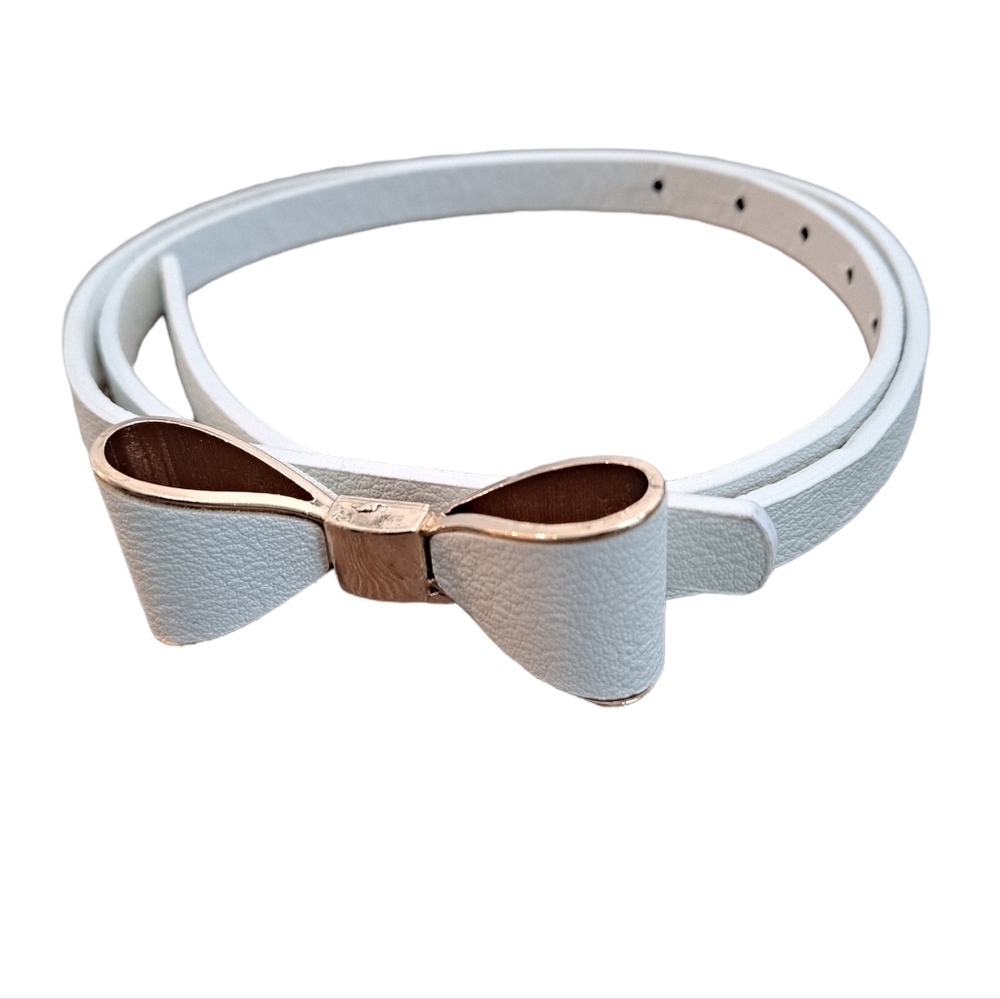 Bow tie skinny waist belt White faux leather evening Formal for plus size - Picture 5 of 12